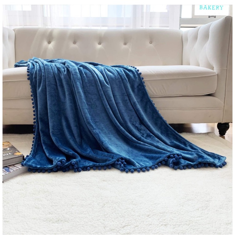 Navy Blue Pompom Fringe Chic Cozy Soft Throw Blanket/Cover - Picture 4 of 16